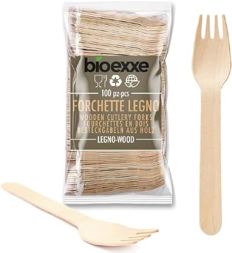 Bioexxe 100 Pz Forchette Usa E Getta, Posate Usa E Getta In Legno Biodegradabili, No Plastica, Compostabili