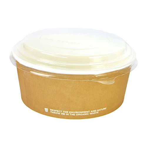 Pz 50 Insalatiera Rotonda Bio In Cartoncino Avana Cc 750 + Pz 50 Coperchi Bio Per Insalate Ed Alimenti Da Asporto