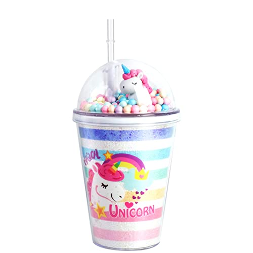 Forreen Bicchieri Con Cannuccia E Coperchio, 380Ml Bicchiere In Plastica Riutilizzabili Doppia Parete Glitter Simpatico Unicorno Senza Bpa Borraccia P