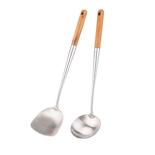Wok Spatola E Mestolo Set Di Utensili Per Wok, 43,2 Cm Spatola Per Wok In Acciaio Inox 304.