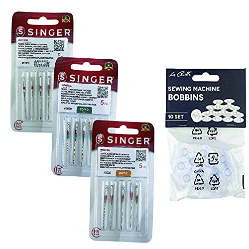 Confezione Da 15 Aghi Per Macchina Da Cucire Singer 2020 Tessuti Universali, Cotone E Sintetici, Sistema 130/705 H (Tacco Piatto Da Un Lato) Spessori