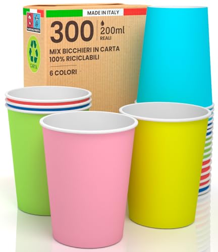 300 Bicchieri In Carta 200Ml Supermix Colorati Ecologici Biodegradabili Monouso Made In Italy Asporto Bevande Calde - Mix Colori Giallo Blu Rosso Verd