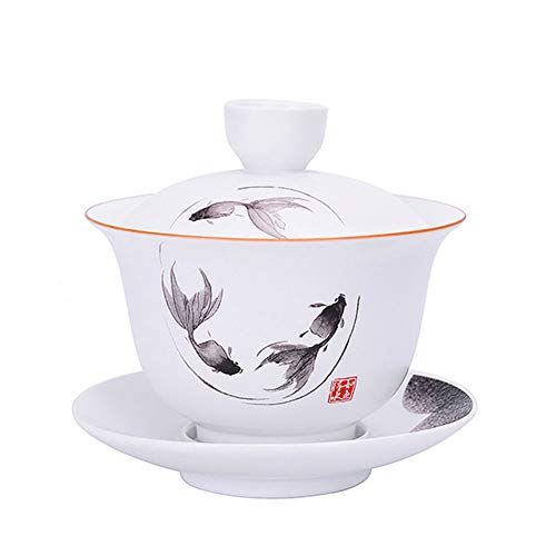 Porcellana Gaiwan 8 Once Tazza Da Tè Bianca Smaltata Tureen Cinese Sancai Copertura Ciotola Labbro Tazza Piattino Set (Pesci)