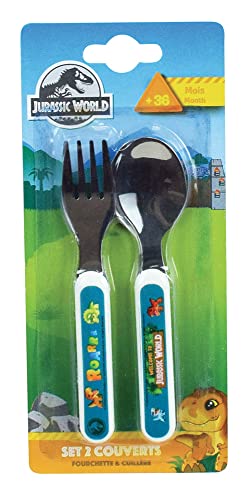 Fun House 006072 Jurassic World Set Di Posate Dinosauri Con Forchetta E Cucchiaio Per Bambini H.13,5 X L.3 Cm, Plastica Acciaio Inossidabile