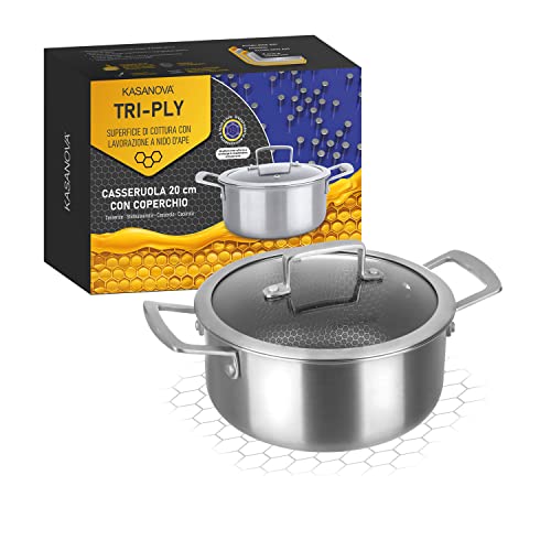 Kasanova Casseruola Antiaderente Con Rivestimento Nido D'Ape 20 Cm Tri-Ply, Con Coperchio In Vetro