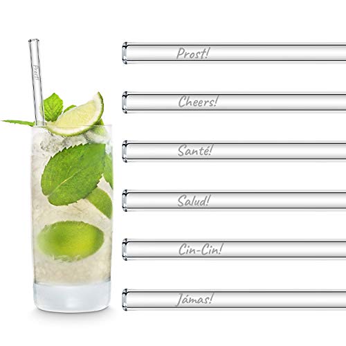 Halm - Set Di Cannucce In Vetro Prost Edition International In 6 Lingue Diverse Cheers Santé Salud Cin-Cin, Lavabili In Lavastoviglie
