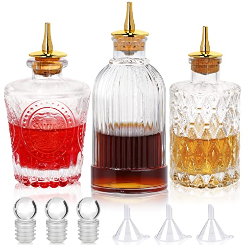 Bitters - Set Di 3 Bottiglie Amare In Vetro Vintage, Per Cocktail, Whisky, Miscelare Bevande, Dispenser Con Tappo In Sughero In Acciaio Inox, Anticato