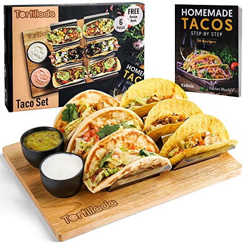 Tortillada - Set Di Porta Taco/Porta Hotdog In Acciaio Inox Per Un Massimo Di 6 Tacos - Incluso Vassoio Di Legno, Ciotole In Ceramica Per Intingere E 