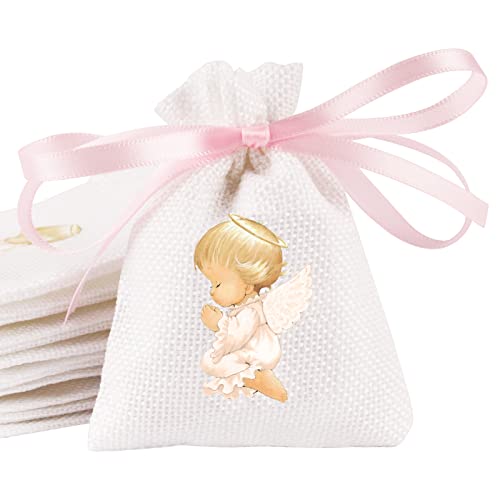 24Pz Sacchetti Battesimo Bambina Bomboniere Portaconfetti Con Angela Nastrino Rosa Regalo Addobbi Decorazioni Battesimo Comunione Nascita Compleanno B