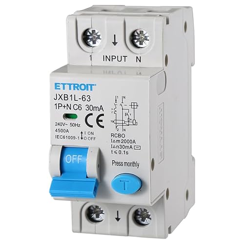 Ettroit Interruttore Magnetotermico Differenziale Salvavita Per Barra Din 2 Moduli 1P+N 6A C6 240V 30Ma 4.5Ka