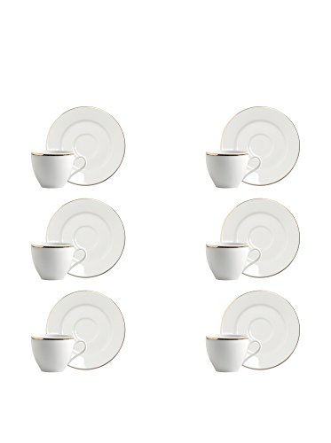 Excelsa Gold Set 6 Tazzine Caffè Con Piattino, Porcellana, Bianco. Bordo Oro