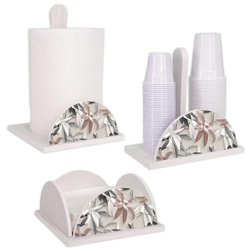 Lupia - Set 3 Pezzi Cucina In Legno White Leaves Mix: Porta Tovaglioli, Porta Bicchieri, Porta Rotolo, Decorazione Elegante, Adatto A Stili Moderni E