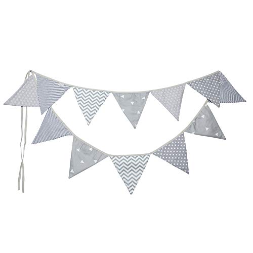 Premyo Festoni Bandierine Colorate Stoffa Triangolari - Decorazione Cameretta Bambino Bimba Ghirlanda Nascita - Grigio
