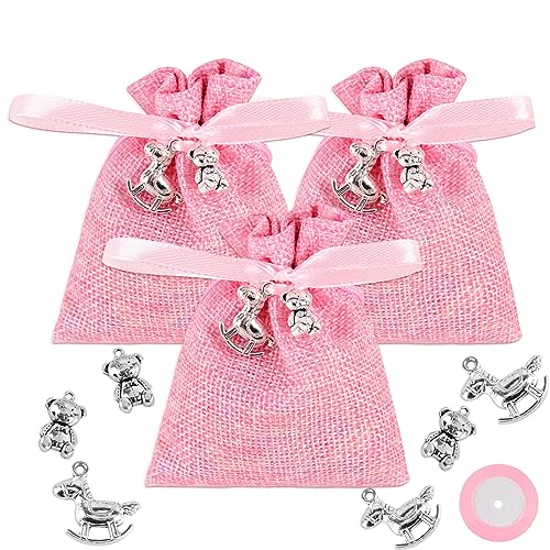 24Pz Sacchetti Confetti Bomboniere Battesimo Nascita Bimba+24Pz Ciondoli Bomboniere Battesimo, Sacchetti Iuta Rosa Portaconfetti Battesimo Nascita Bam