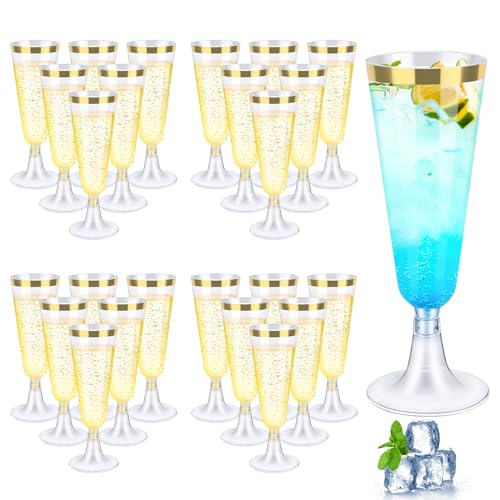 Flauti Da Champagne In Plastica,25 Pezzi Flute Da Champagne In Plastica Trasparente 150Ml,Trasparenti Glitterati Oro,Resistenti E Riutilizzabili,Bicch