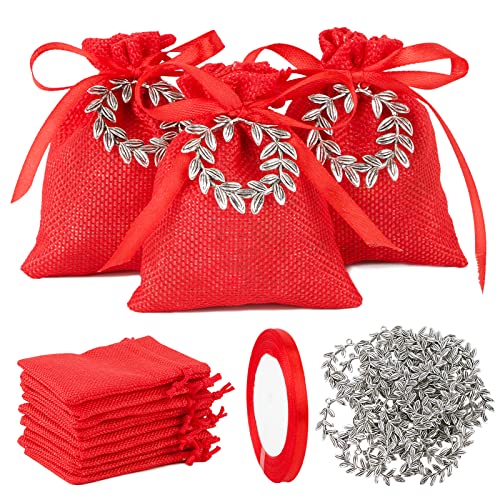24Pz Bomboniere Laurea Portaconfetti Ciondoli Corona D'Alloro Sacchetti Iuta Rossa Confetti Nastro Rosso Addobbi Laurea Festa Bomboniere Confetti Rega