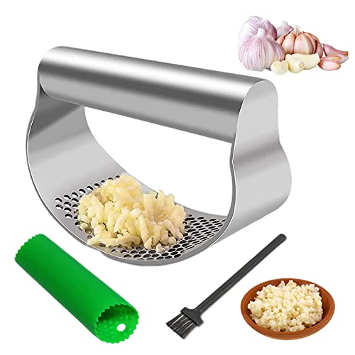Spremiaglio, Spremi Aglio In Acciaio Inox E Pela Aglio In Silicone,Spremi Aglio Con Pelapaglio Silicone E Pennello,Facile Da Pulire
