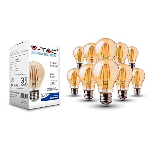 V-Tac 6W (55W) Classica Forma A60 Led Ambrato Vintage Filamento Led Lampadina Con Samsung Led 2700K E27 Es (Vite Edison) Non Dimmerabile Confezione Da