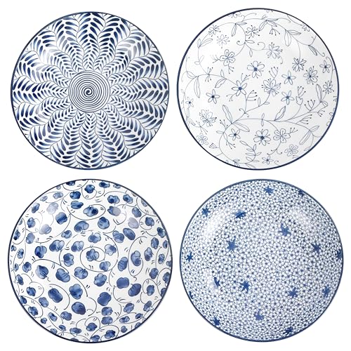 Swuut Set Di Ciotole Per Pasta Ceramica, Blu E Bianco Insalatiera Floreale Cena Piatti Poco Profondi Set Di 4, Servire Pane Antipasto Dessert Snack (2