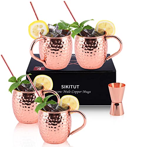 Sikitut Bicchieri Rame Moscow Mule Set Di 4, 100% Tazze Rame Lavorate A Mano, Set Da 550Ml Con Bonus: 4 Cannucce Di Rame Da Cocktail Di Alta Qualità E