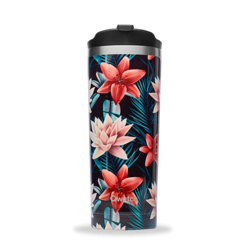 Qwetch - Travel Mug Isotermico In Acciaio Inox Tropical - Nero - 470Ml- 6H Caldo E 12H Freddo - Impermeabile E Senza Bpa - Travel Mug Per Viaggi, Uffi