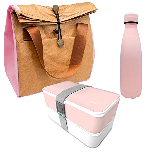 Nerthus Fih 1039 Set Bottiglia A Doppia Parete In Acciaio Inox Rosa + Astuccio Portacarte Rosa + Borsa Termica Rosa