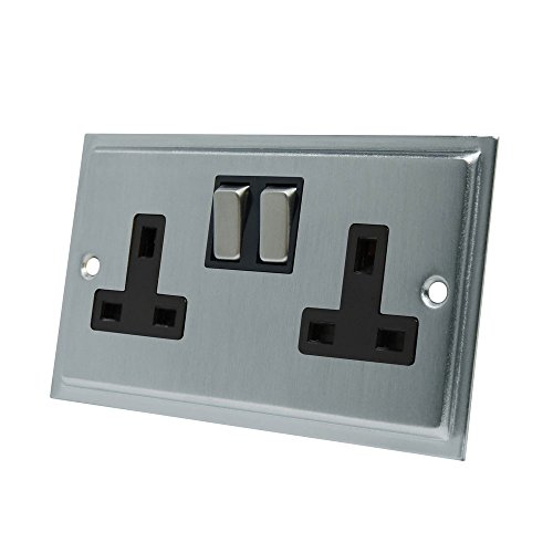 Slimline Cromo Satinato, 2 Gang Presa Inserto Nero In Metallo Rocker Switch – Presa Doppia 13 Amp