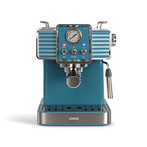 Livoo Dod174 Macchina Da Caffè Espresso 15 Bar, Riscaldatore Thermoblock | Ugello Vapore Per Cappuccino, Latte Caldo | Look Retrò Blu, 1350 W