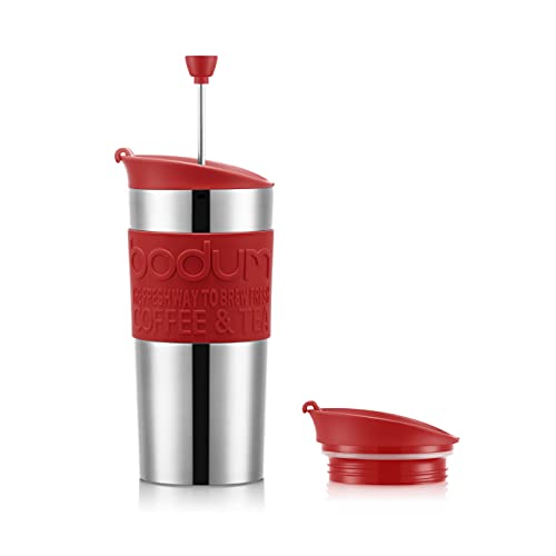 Bodum K11067-04 Travel Press Set - Tazza A Stantuffo Isotermico In Acciaio Inox Doppia Parete, Con Coperchio Extra, 0,35 L