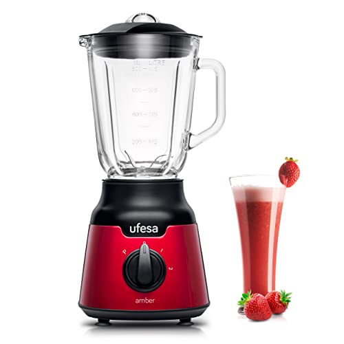 Ufesa Bs4100 Amber Red Frullatore Da Tavolo Compatto, 900 W, Caraffa In Vetro Da 0.8 L, 2 Velocità + Pulse, 4 Lame Inox, Chiusura Ermetica, Tritaghiac