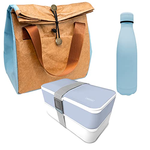 Nerthus Fih 1041 Set Bottiglia Doppia Parete In Acciaio Inox Blu + Portafoglio Blu + Borsa Termica Blu