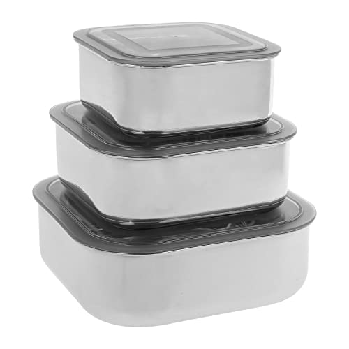 Equinox 530872 - Set Di 3 Contenitori Per Alimenti In Acciaio Inossidabile, Contenitori Ermetici, Quadrati Con Coperchio In Plastica, Capacità 600 Ml,