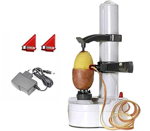 Pelamatic - Pelapatate Elettrico Automatico Per Frutta E Verdura | Design Ultra Sicuro | Con 2 Lame Aggiuntive | Base Antiscivolo, Bianco, Plastica