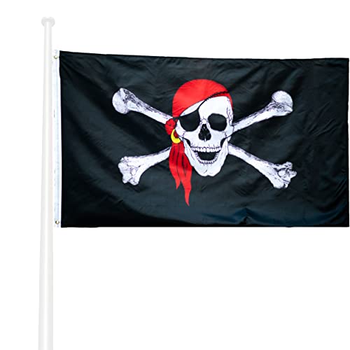 Klikil Bandiera Pirati 150X90 Jolly Roger Con Bandana Rossa - Bandiera Pirata Tessuto Da Esterno, Resistente Alle Intemperie Con 2 Occhielli Metallici