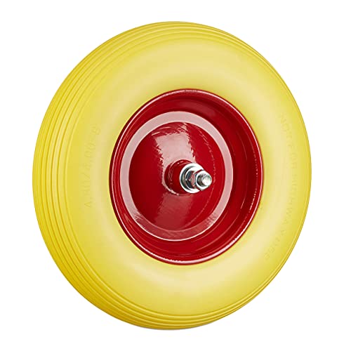 Relaxdays 10022852_48 Ruota Per Carriola Gomma Piena Con Asse 4.80 4.00-8 Di Ricambio, Carico Max 100 Kg, Antipanne, Giallo Rosso