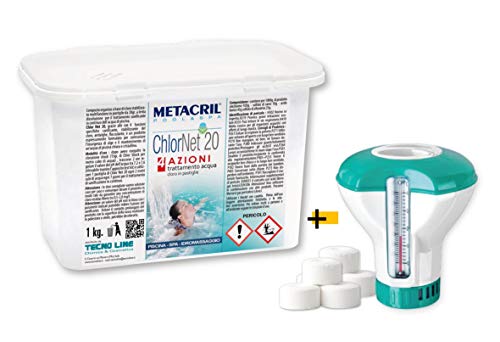 Metacril Chlor Net 20 4 Azioni (1 Kg) + Dosatore Galleggiante Cloro Piscina Multiazione In Pastiglie Da 20Gr Per Piscina E Idromassaggio