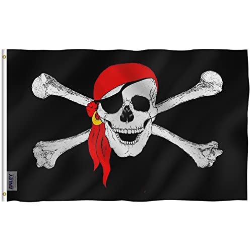 Anley Fly Breeze 3X5 Piede Bandiera Jolly Roger Con Bandana Rossa - Colore Vivido E Resistente Allo Sbiadimento Uv - Intestazione In Tela E Doppia Cuc
