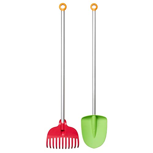 Fiskars Vanga E Rastrello Per Bambini, Set 2 In 1, Lunghezza: 88 Cm, Teste In Plastia Rinforzata Con Fibra Di Vetro/Manici In Alluminio, Verde/Arancio