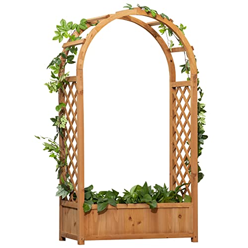 Outsunny Fioriera Da Esterno A Fondo Cavo In Legno Di Abete Marrone Con Arco Decorativo E Grate Per Piante Rampicanti, 83X36X152 Cm