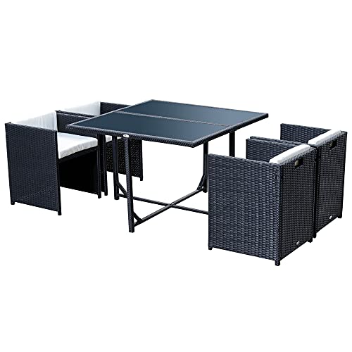 Outsunny Set Mobili Da Giardino 5Pz Set Tavolo Da Pranzo Con 4 Sedie Con Cuscini Combinabili A Rettangolo, Nero, 109X109X72 Cm