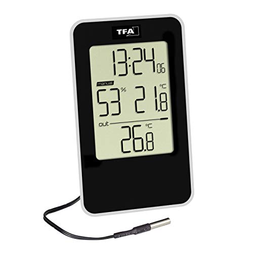 Tfa Dostmann Termoigrometro Digitale 30.5048.01 Con Ora, Per Interni Ed Esterni, Con Sensore Di Cavo Impermeabile, Nero, 72 X 16 (49) X 121 Mm