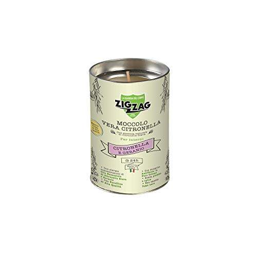 Zig Zag, Candela All'Olio Essenziale Di Citronella E Geranio, Moccolo Per Interni, Made In Italy, Stoppino A Base Di Fibra Naturale, Durata 24 Ore