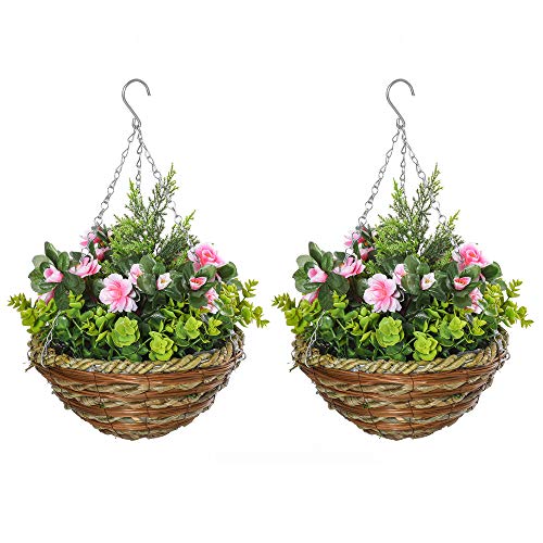 Outsunny Set Di 2 Piante Finte Lisianthus Da Appendere Per Interno Ed Esterno Con Vaso In Vimini E Catenelle, Ф25X34Cm, Rosa E Verde