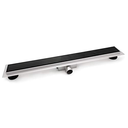 Elbe Canaletta Doccia 100Cm In Acciaio Inossidabile, Canalina Doccia A Pavimento Con Vetro Nero, Piletta Drenaggio Per Bagno Rn-K100G