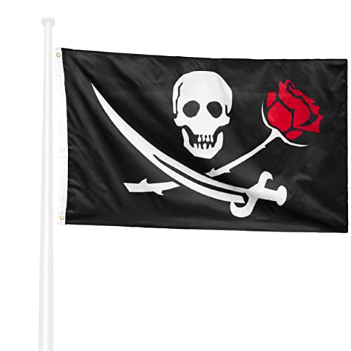 Klikil Bandiera Pirati 150X90 Jolly Roger Con Rosa - Bandiera Pirata Tessuto Da Esterno, Resistente Alle Intemperie Con 2 Occhielli Metallici. Pirate