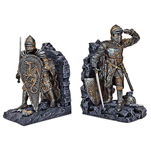 Design Toscano Cavalieri Di Re Artù Decorazione Medievale Statue Reggilibri, Poliresina, Pietra Grigia, 20,25 Cm, Confezione Da Due