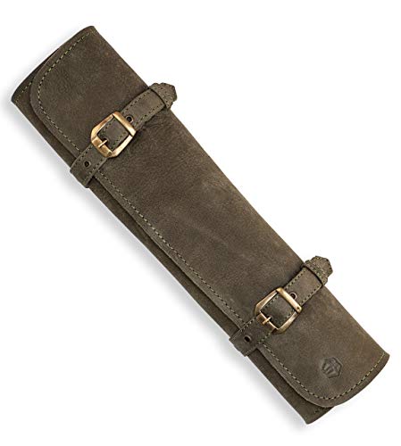 Angus Stoke Sam - Astuccio Per Coltelli In Vera Pelle, Con 7 Scomparti, Da Cuoco, Grande, Borsa Da Cucina Richiudibile (Verde Oliva)
