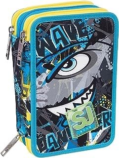 Sj Gang, Astuccio Scuola 3 Zip, Sharken, Multicolore - Attrezzato Con Matite, Pennarelli Ecc.., Portapenne Scuola Bambino