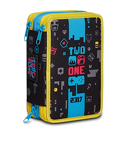 Seven Astuccio Scuola Portapenne Two Players One Console - 3 Zip Completo Di Pennarelli, Matite, Ecc. .- Accessoriato, Nero