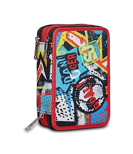 Sj Gang Astuccio Scuola 3 Zip, Firegoal, Multicolore - Attrezzato Con Matite, Pennarelli Ecc.., Portapenne Scuola Bambino
